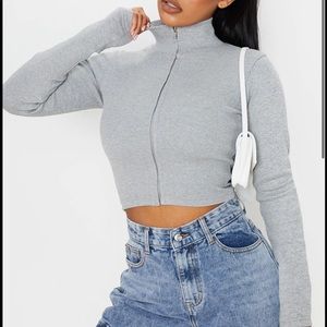 Grey Jumbo Rib Zip Up High Neck Top